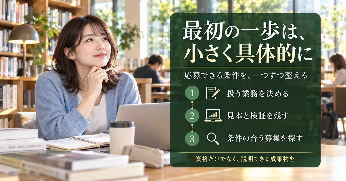 扱う業務を決め、見本と検証を残し、条件に合う募集を探す順序を示す生成画像