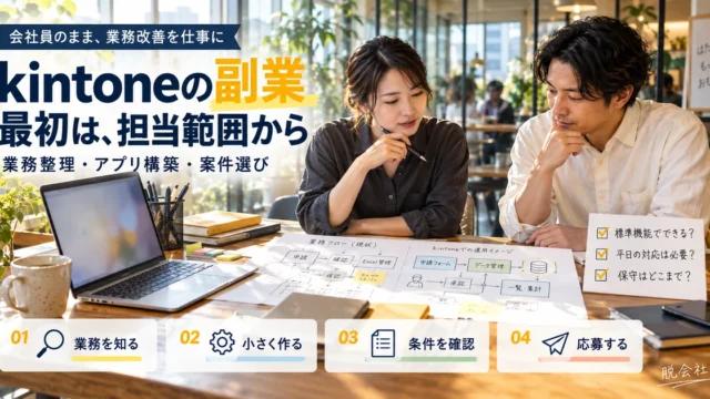 kintone副業の担当範囲を相談する人物と、業務把握・見本制作・条件確認・応募の4段階を示す説明用生成画像