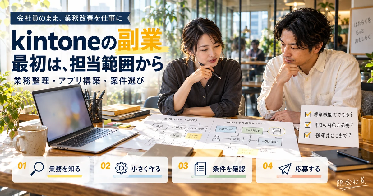 kintone副業の担当範囲を相談する人物と、業務把握・見本制作・条件確認・応募の4段階を示す説明用生成画像