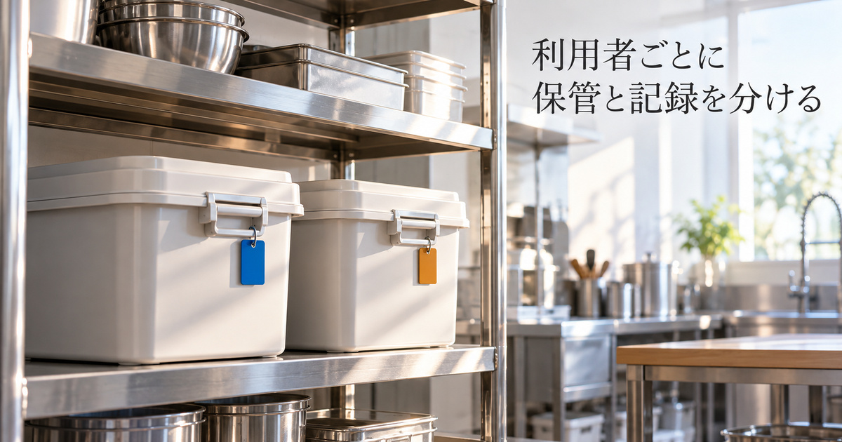 利用者ごとに持ち物と保管を分ける準備を表す架空の収納棚