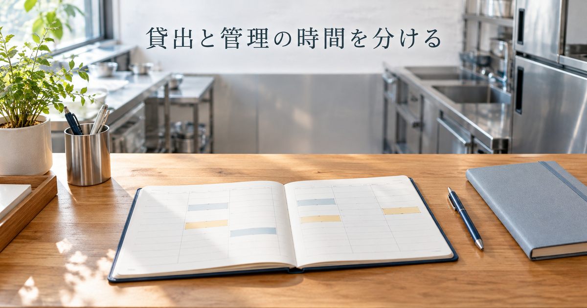 厨房の利用枠と前後の管理時間を分ける予約計画の架空のイメージ