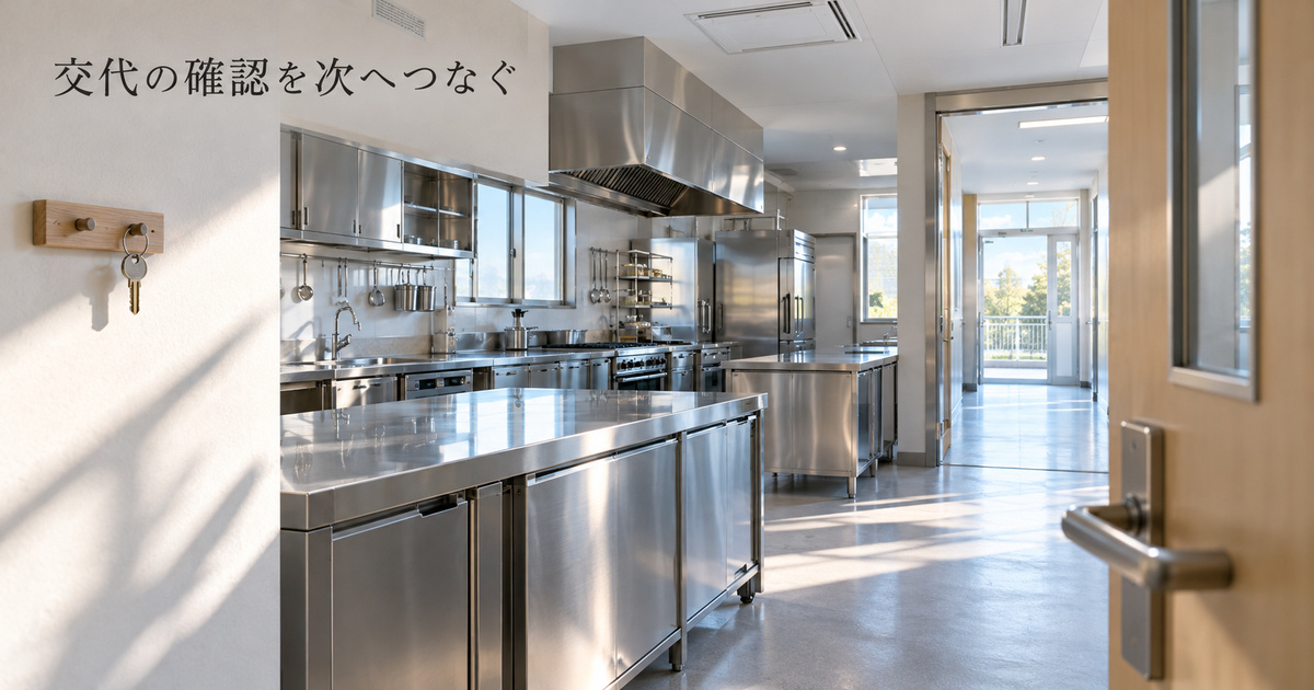 前の利用後の確認を終えて次へ引き継ぐことを考える架空の厨房入口