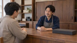 包丁研ぎの受付について店主と成人客が相談するイメージ