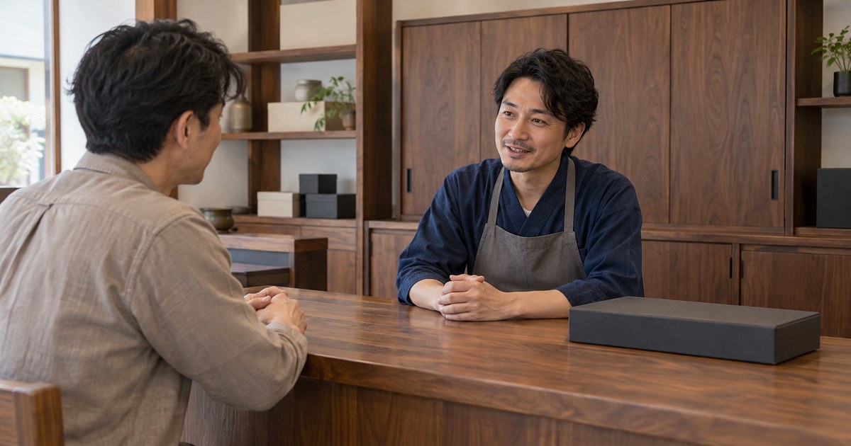 包丁研ぎの受付について店主と成人客が相談するイメージ
