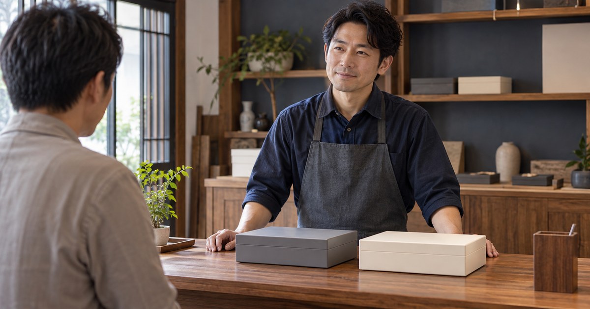 受付時に確かめる事項を店主が整理するイメージ