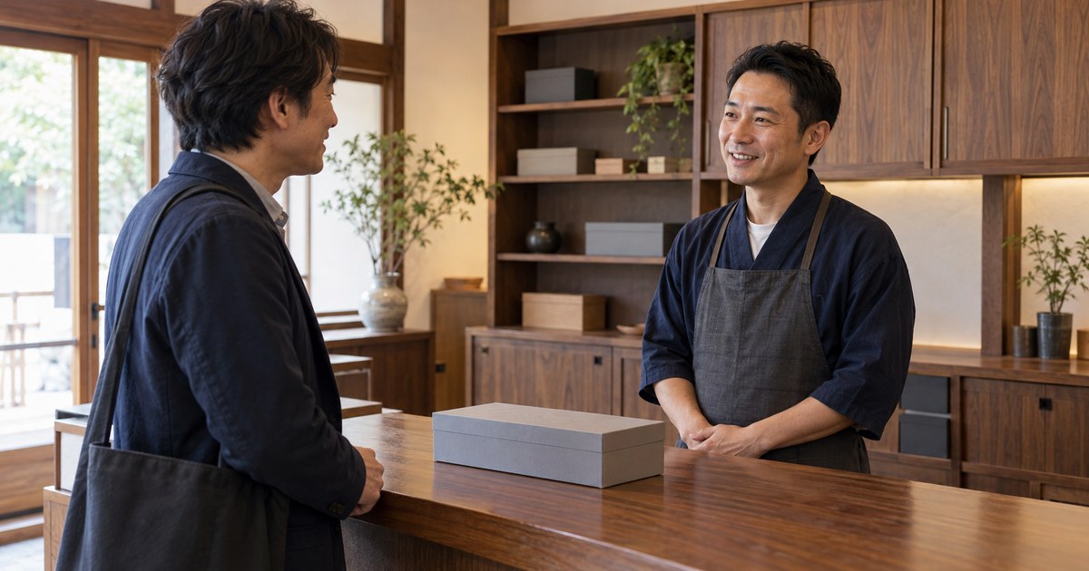 返却の説明について店主と成人客が話すイメージ
