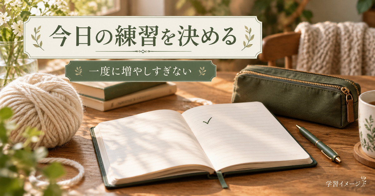 今日の練習目標を決めるノートと糸玉の学習イメージ