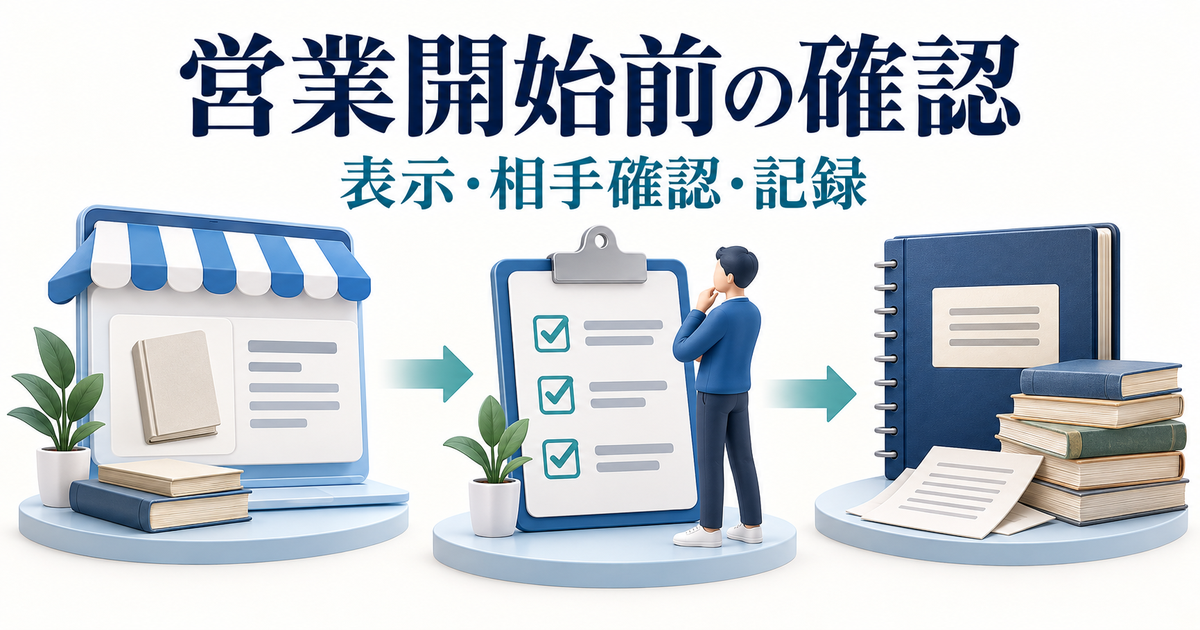 ネット上の表示、取引相手の確認、記録の準備を点検するイメージ