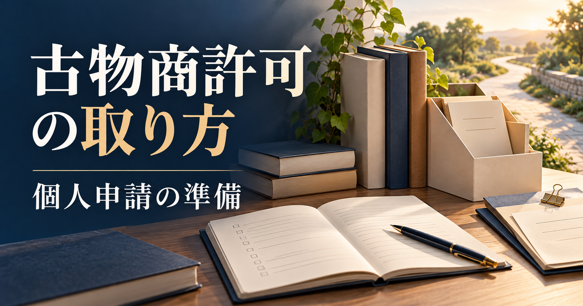 中古書籍と準備ノートで個人の古物商許可申請を表したイメージ