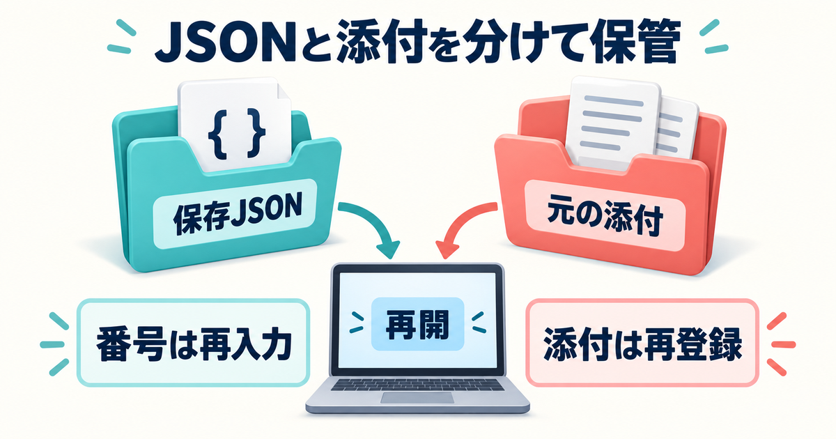 途中保存JSONと元の添付ファイルを別々に保管し、再開時に個人番号の再入力と再添付を行う図