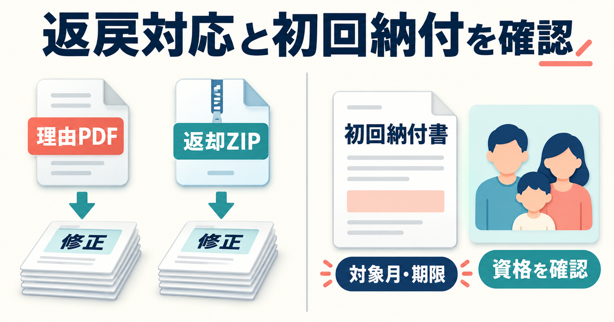 返戻理由と返却データを確認する作業と、初回納付書の対象月・期限や本人と家族の資格を確認する作業を分けた図