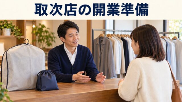 クリーニング取次店の店主と成人客が受付について話すイメージ