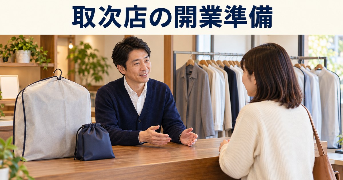 クリーニング取次店の店主と成人客が受付について話すイメージ