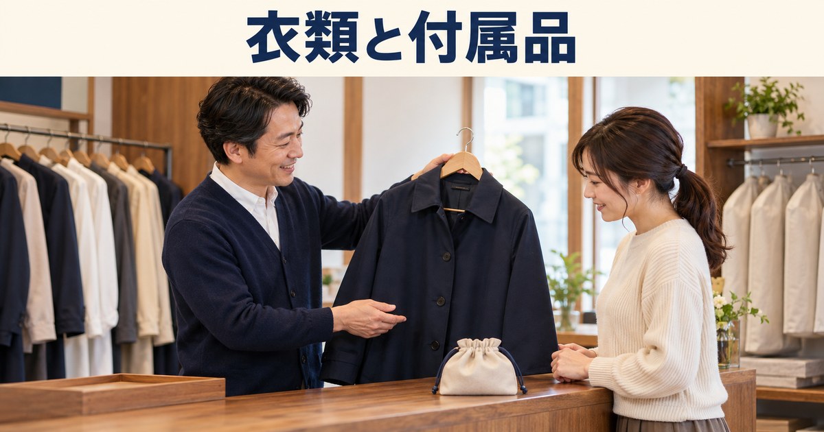 店主と成人客が衣類と付属品の預かり内容を確認するイメージ