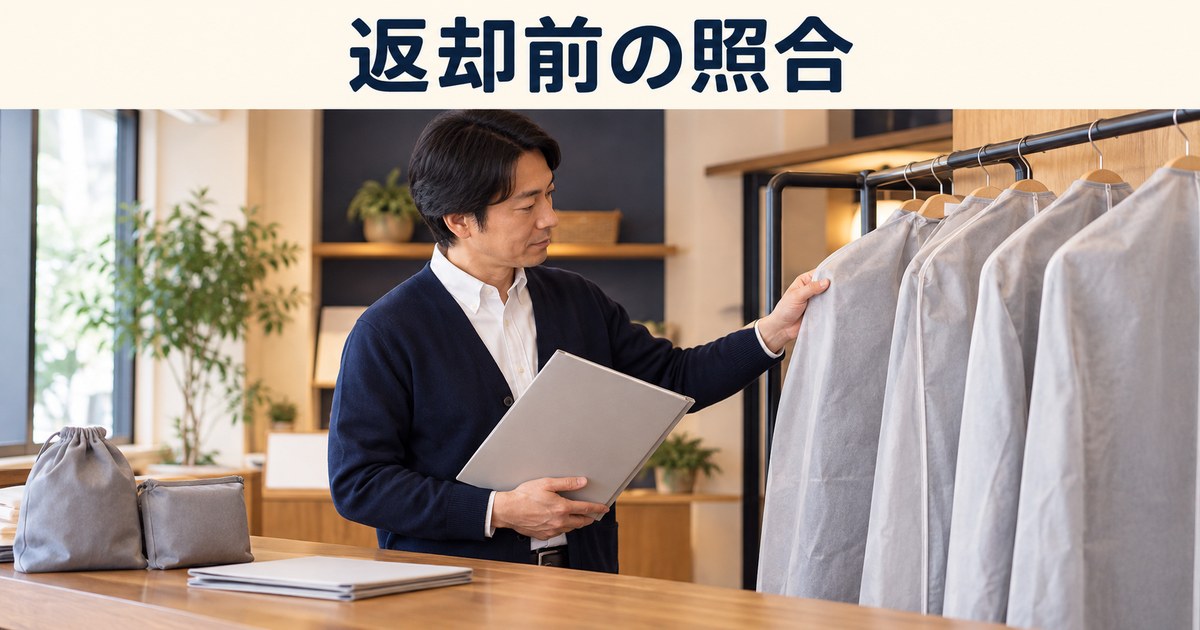 店主が戻った衣類を返却前に確認するイメージ