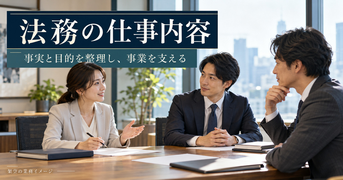 企業法務の相談を社内で話し合う架空の業務イメージ