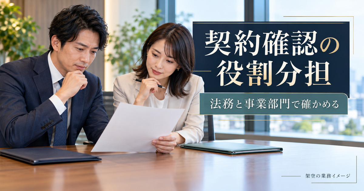 法務と事業部門が契約確認の役割を相談する架空の業務イメージ
