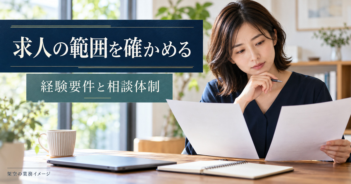 法務求人の経験要件と相談体制を確認する架空の学習イメージ