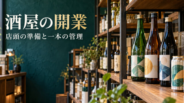 密封瓶と缶を並べた架空の酒屋の生成イメージ。実際の商品表示や適法な売場の見本ではありません
