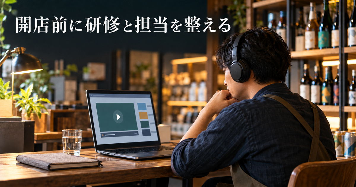 ヘッドホンとパソコンで開店前に学ぶ架空の担当者。実在の研修や受講済み証明ではありません