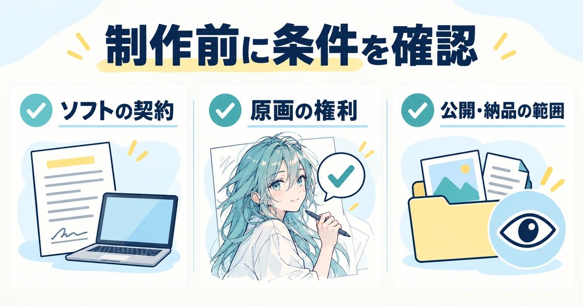 ソフトの契約、原画の権利、公開と納品の範囲を別々に確認する説明用生成図