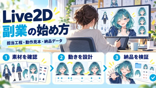 Live2D副業で素材確認、動きの設計、納品検証へ進む流れを示す説明用生成図