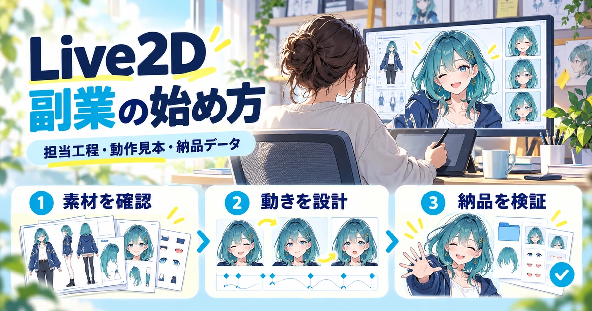 Live2D副業で素材確認、動きの設計、納品検証へ進む流れを示す説明用生成図