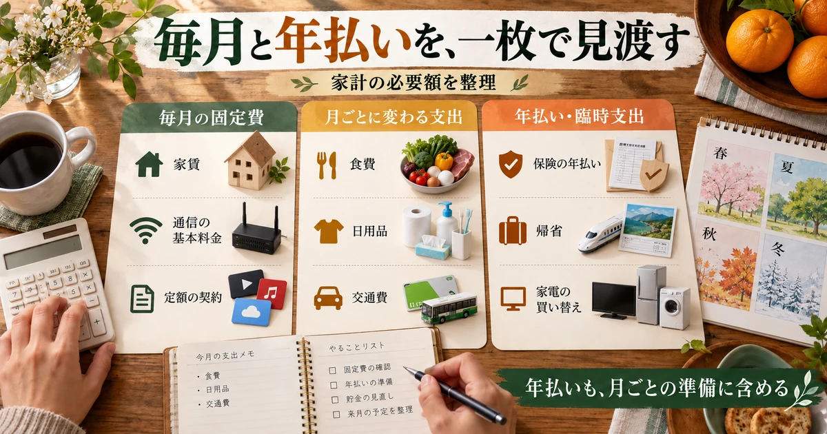 毎月と年払いを、一枚で見渡す：家計の必要額を整理を示す説明用生成画像