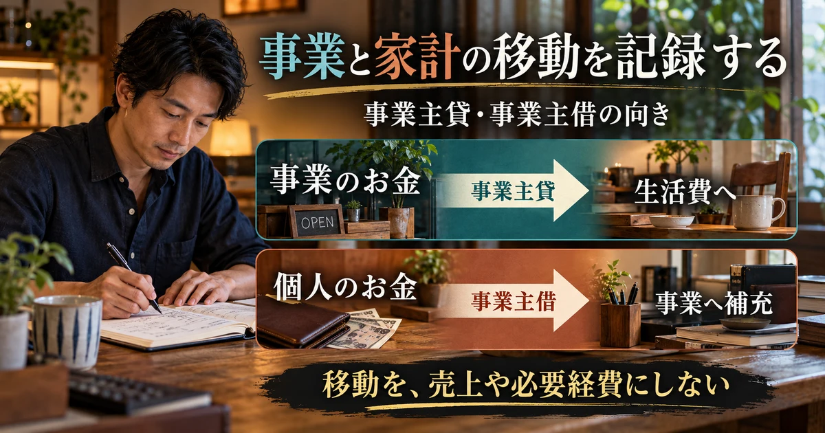 事業と家計の移動を記録する：事業主貸・事業主借の向きを示す説明用生成画像
