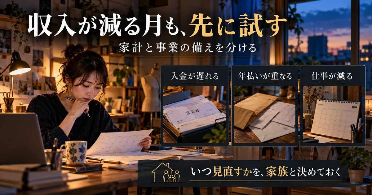 収入が減る月も、先に試す：家計と事業の備えを分けるを示す説明用生成画像