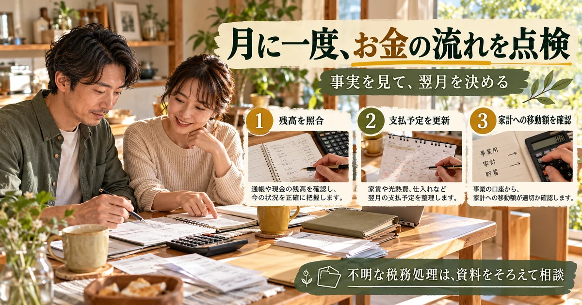 月に一度、お金の流れを点検：事実を見て、翌月を決めるを示す説明用生成画像