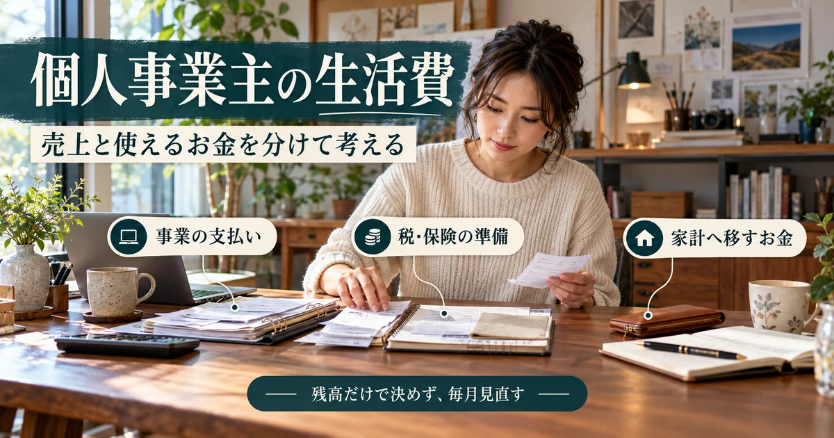 個人事業主の生活費：売上と使えるお金を分けて考えるを示す説明用生成画像
