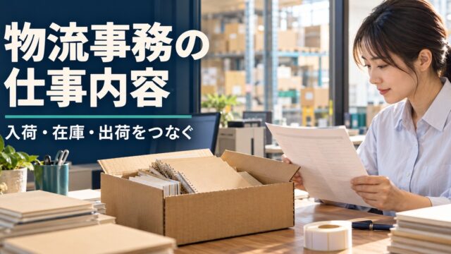 物流事務の机でノートの入荷書類と小箱を確認し、入荷・在庫・出荷をつなぐ仕事を表した写真調イメージ
