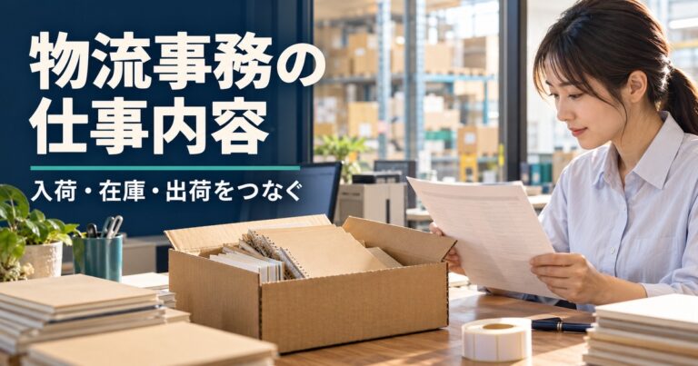 物流事務の机でノートの入荷書類と小箱を確認し、入荷・在庫・出荷をつなぐ仕事を表した写真調イメージ