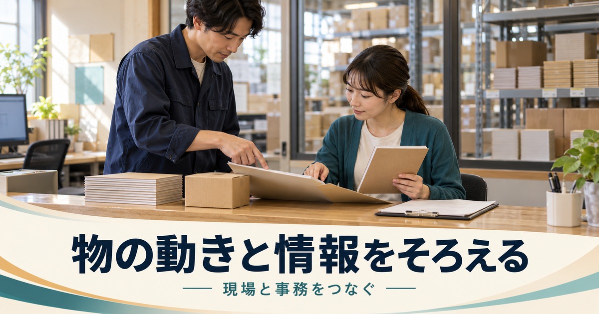 倉庫事務の窓口で担当者同士がノートの小箱と書類を照合し、物の動きと情報をそろえる写真調イメージ