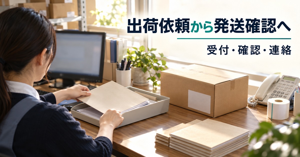 事務担当者が出荷依頼の書類と発送対象の小箱を確認し、受付から発送確認までを追う写真調イメージ