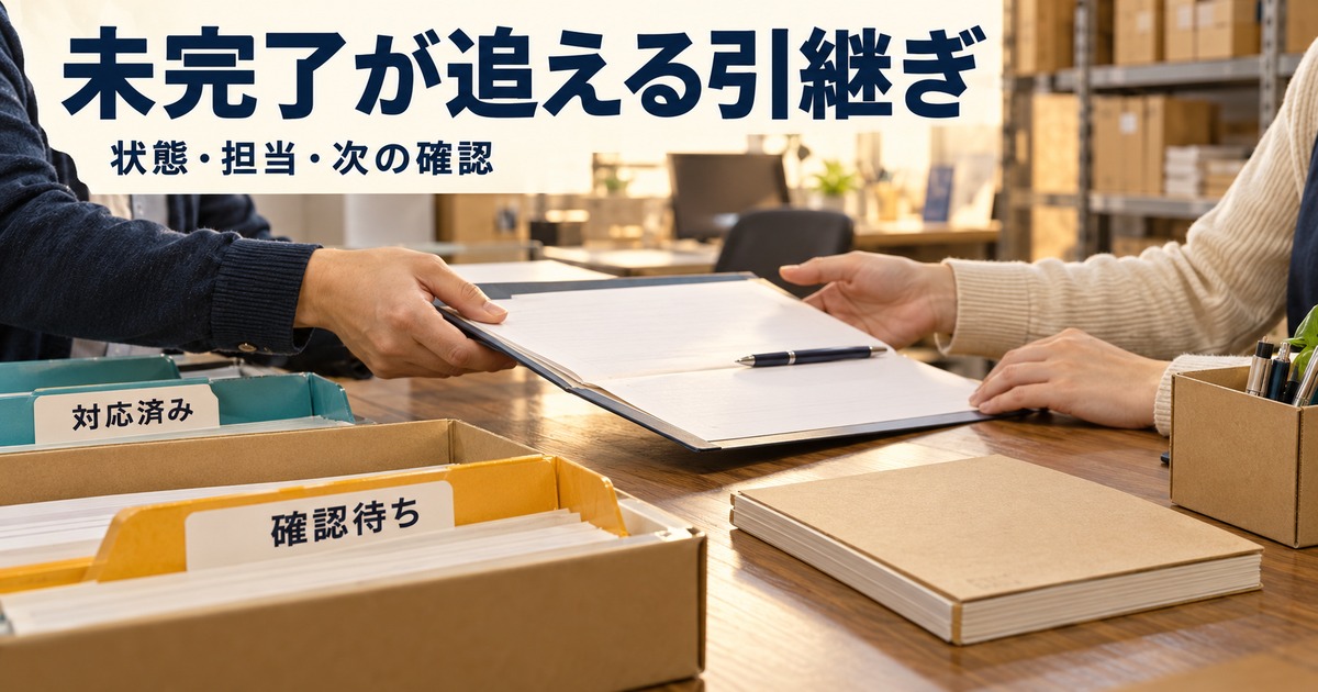 引継ぎで確認待ちと対応済みの書類を分け、状態・担当・次の確認を共有する写真調イメージ