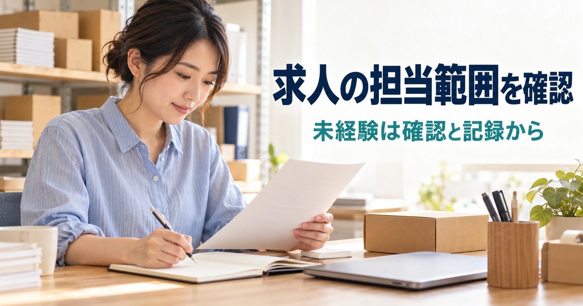 未経験から物流事務を目指す人が求人の担当範囲を確かめ、確認と記録の準備を進める写真調イメージ
