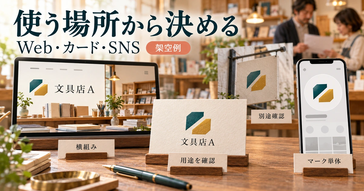 架空の文具店でWeb、ショップカード、SNSの利用先を決め、横組みとマーク単体の範囲を整理する概念図