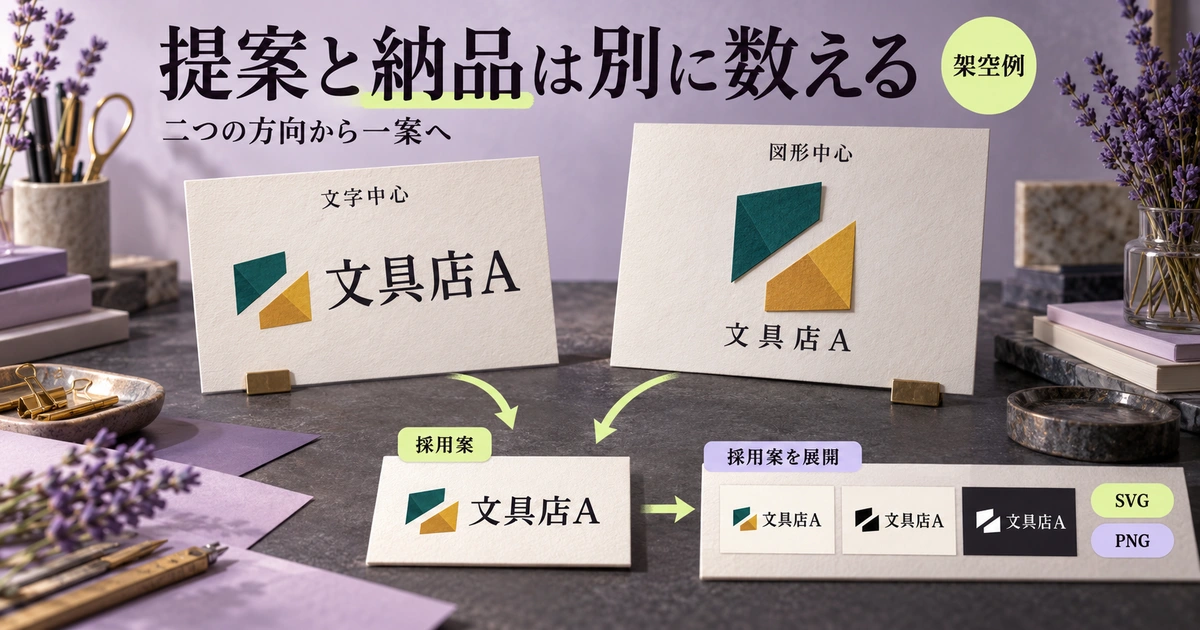 架空店舗の文字中心案と図形中心案を比べ、採用後に色と形式を展開する流れを示す概念図