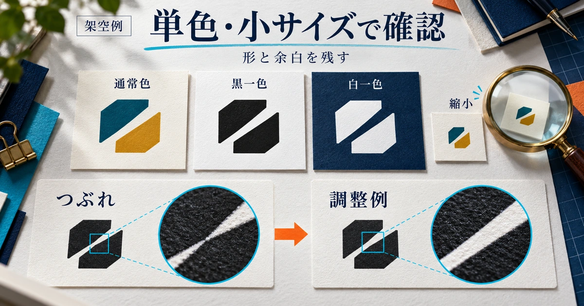 架空のロゴを通常色、黒一色、白一色、小サイズで比べ、細い切れ込みと広げた調整例を示す概念図