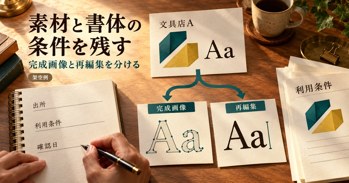 フォントと素材の出所、利用条件、確認日を記録し、完成図形の納品と文字の再編集を分ける概念図
