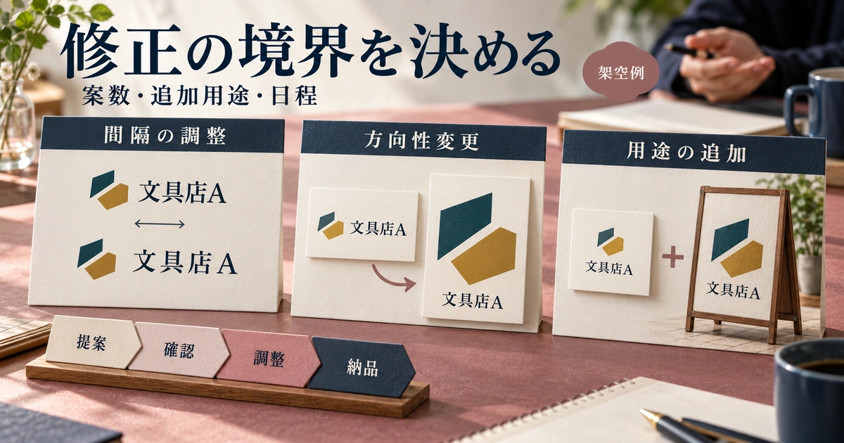 文字間隔の調整、方向性の変更、用途の追加を分け、修正範囲と日程を相談する概念図