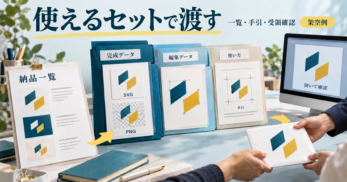 完成データ、編集用データ、使用手引を納品一覧と照合し、受け手が開いて確認する流れの概念図