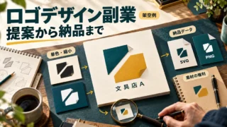ロゴデザイン副業で準備する提案、単色・縮小確認、納品データ、素材の権利をまとめた概念図