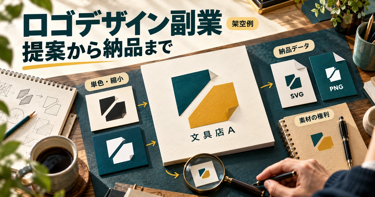 ロゴデザイン副業で準備する提案、単色・縮小確認、納品データ、素材の権利をまとめた概念図