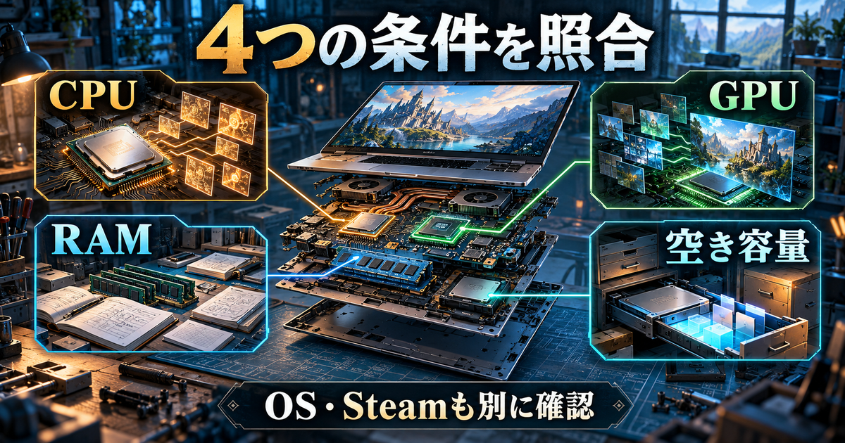 CPU、GPU、RAM、空き容量とOS・Steamを別々に確認する生成図