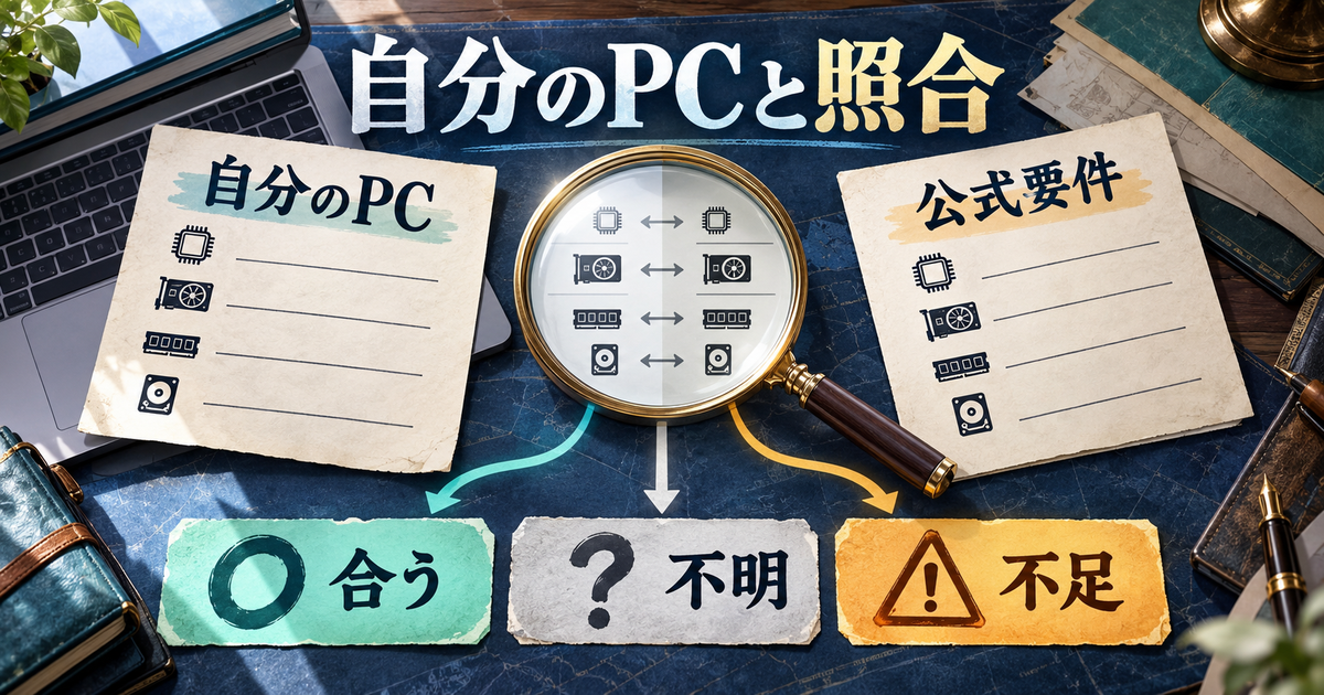 自分のPCの仕様と公式要件を照合し、合う・不明・不足に分ける生成図