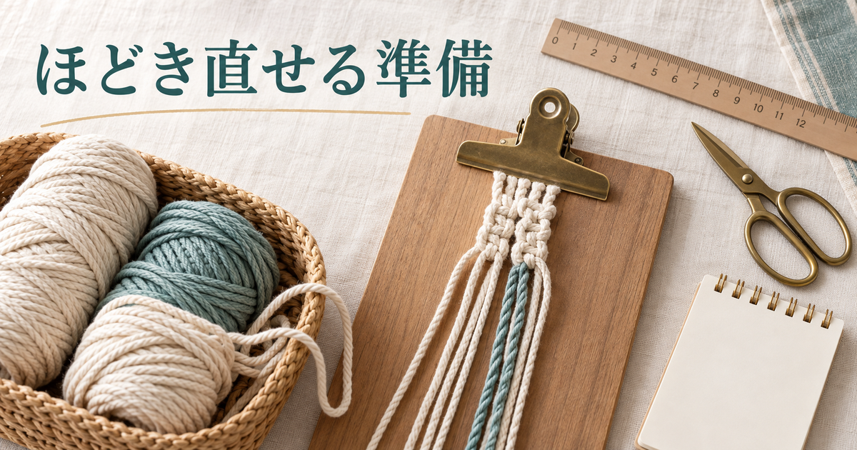 ひもと固定具、閉じたはさみをそろえた作業台