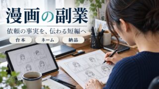 漫画の副業で、依頼の事実を伝わる短編へ整理する。台本・ネーム・納品。